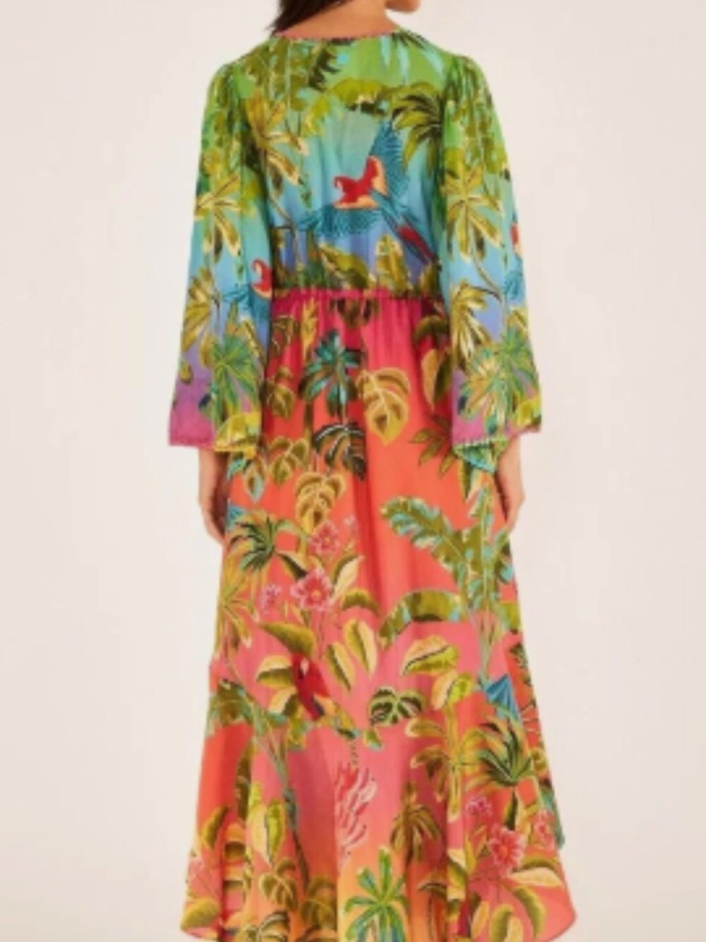 Farm Rio Ombre Forest Ruffle Tunic Dress Colorfull Tropical Maxi Dress Large - Picture 2 of 6
